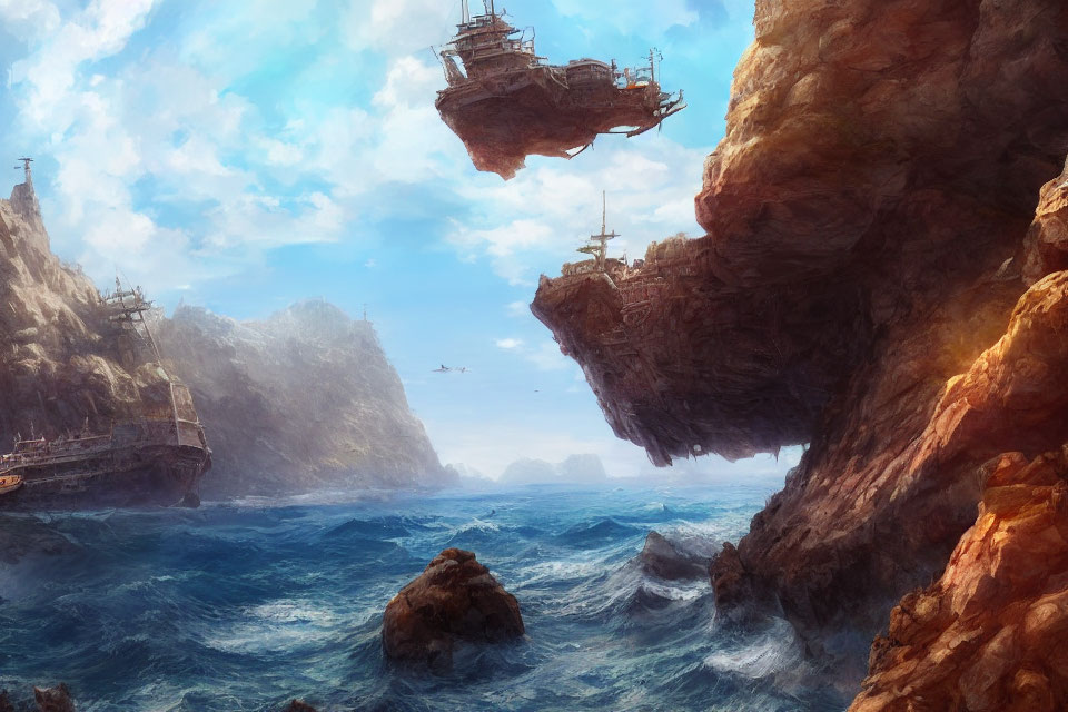 Fantastical seascape with pirate ships, cliffs, and hazy sky.