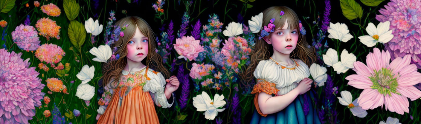 Two young girls in orange and blue dresses surrounded by colorful flowers