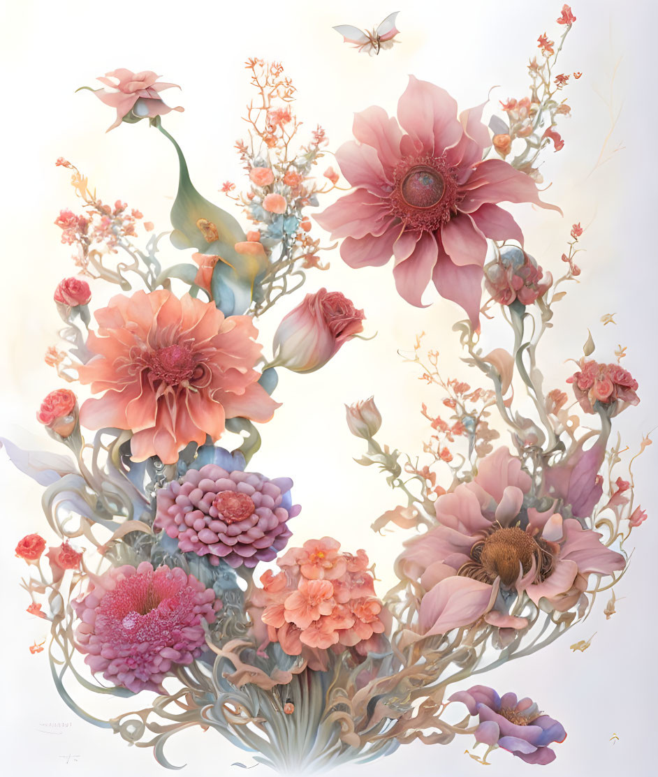 Colorful Bouquet Illustration Featuring Pink and Peach Flowers