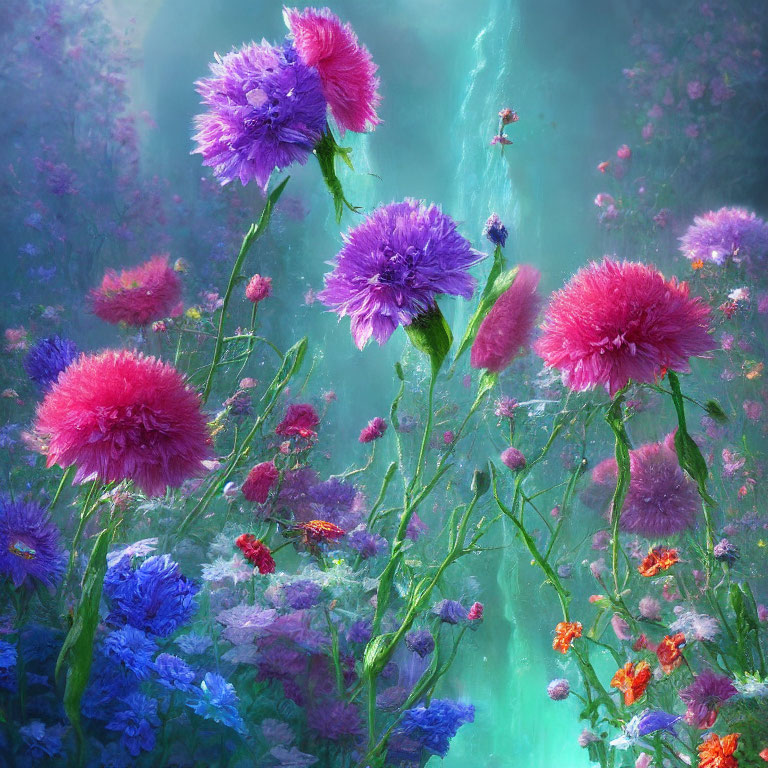 Lush Garden Scene: Tall Purple and Pink Flowers in Soft Luminescent Light