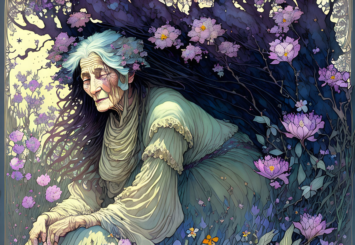 Elderly woman surrounded by lush foliage and blossoming flowers