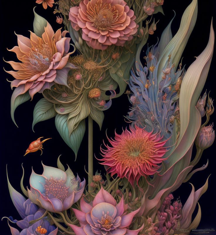 Surreal digital artwork of intricate pink, peach, and blue bouquet