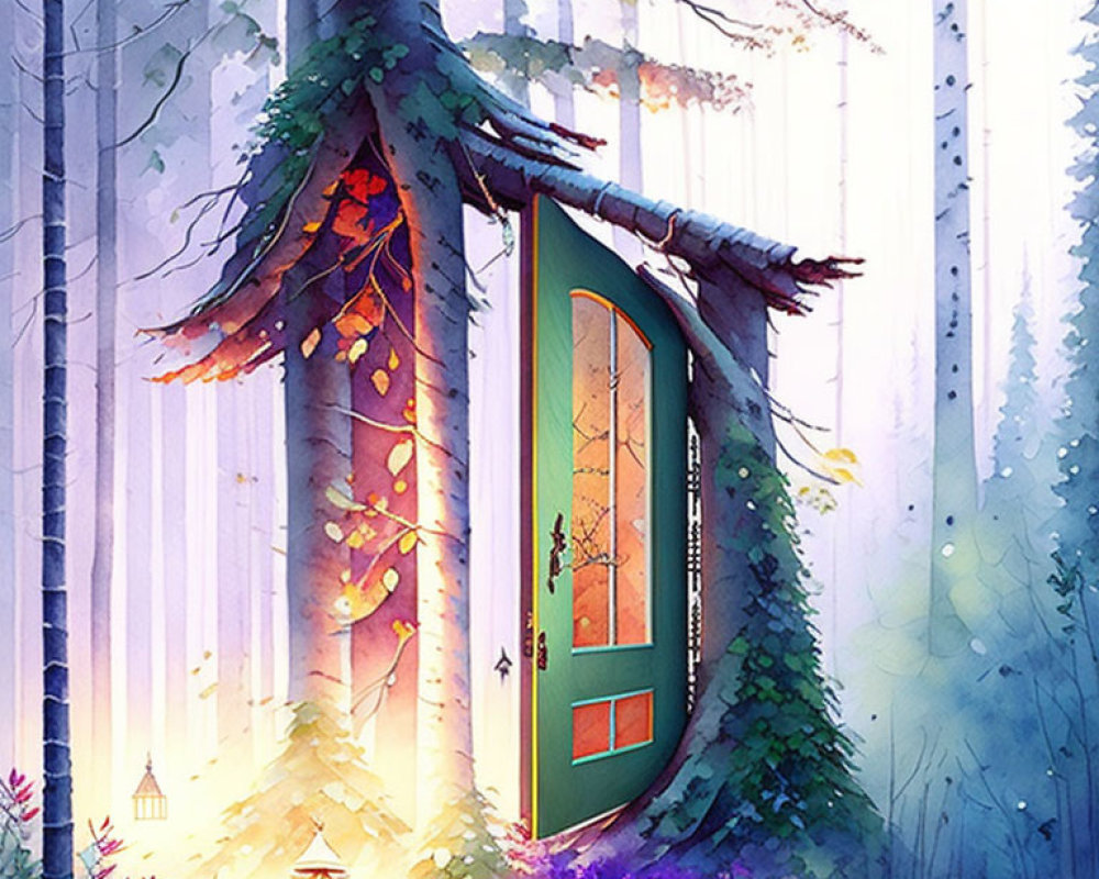 Illustration of vibrant forest with whimsical door and purple foliage