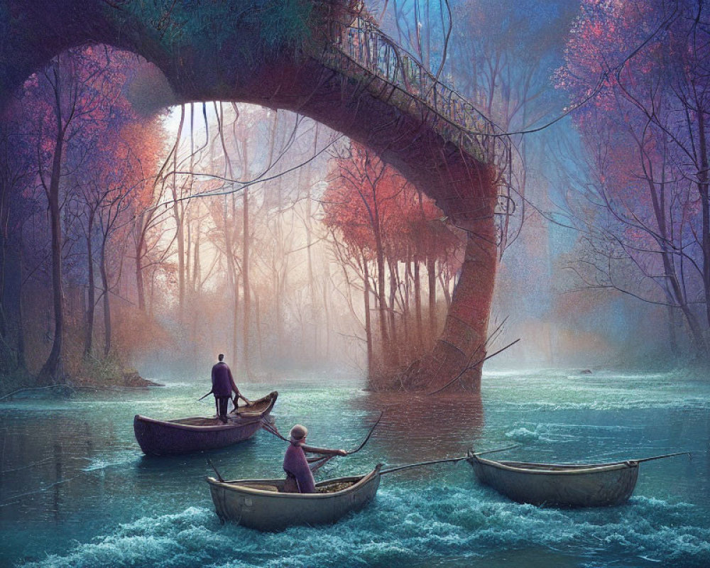 Mystical river scene with two people rowing under stone bridge