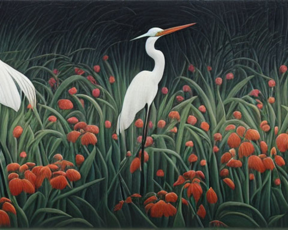 Three White Herons Among Tall Green Reeds and Orange Blooms