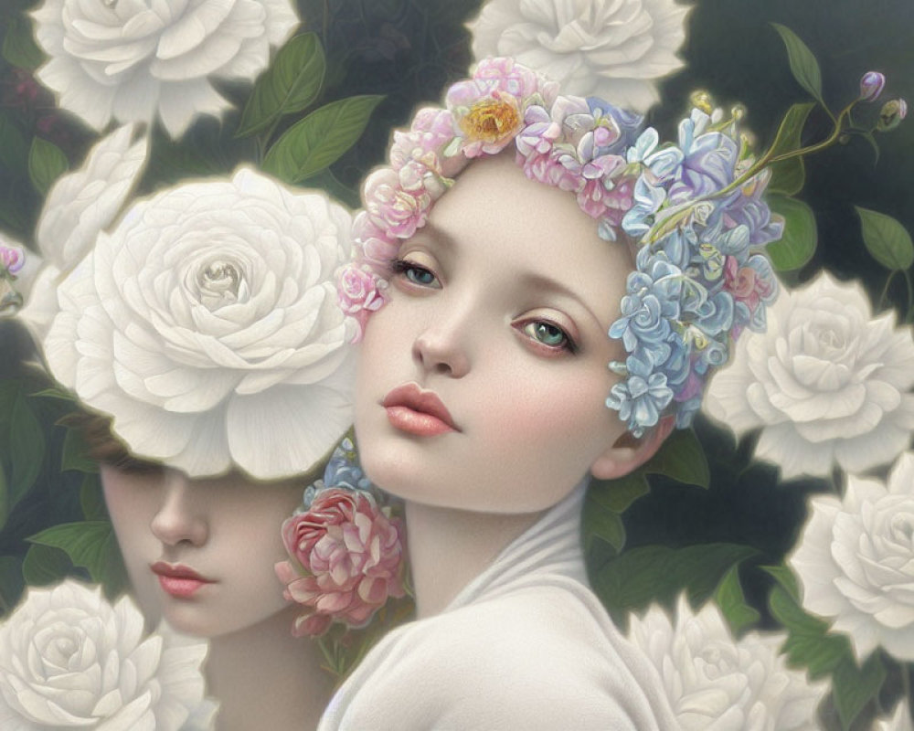 Ethereal illustration of two faces with white roses and floral crown