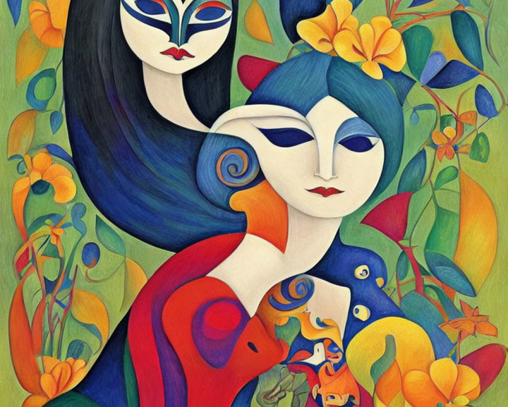 Vibrant illustration of stylized female figures with colorful flowers.