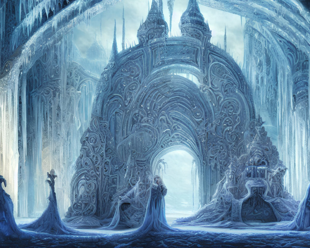 Ethereal ice palace interior with frozen arches and regal throne