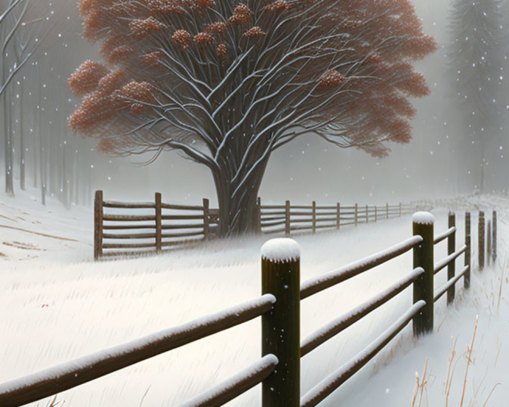 Serene winter landscape with red-leaved tree, wooden fence, and falling snow