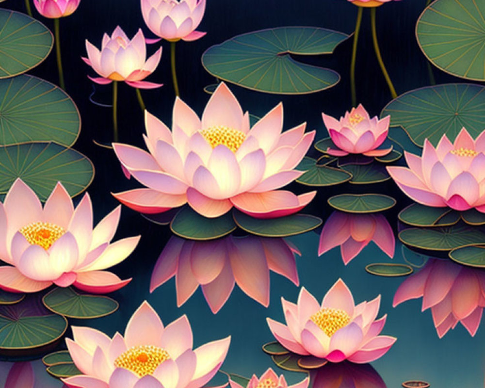 Tranquil illustration of pink lotus flowers on water surface