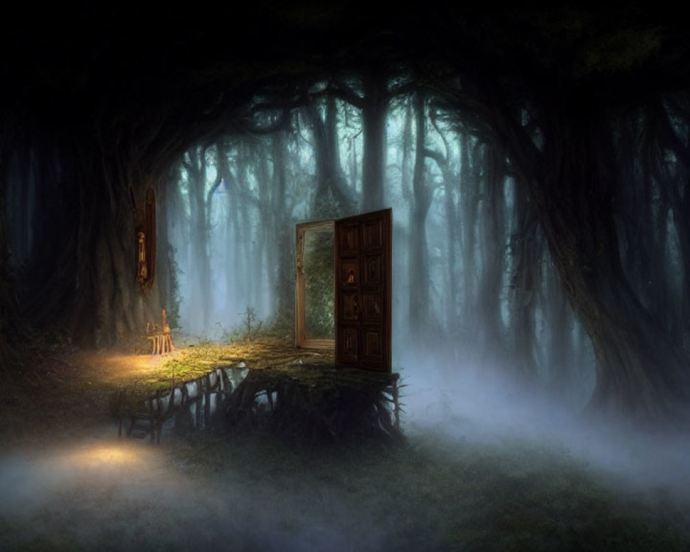 Ornate wooden door on misty forest platform with eerie blue light