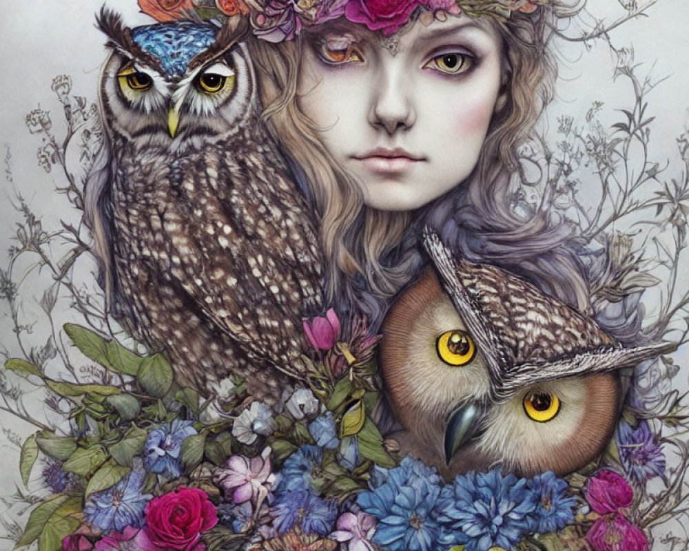 Surreal portrait: woman's face with owls in vibrant floral setting