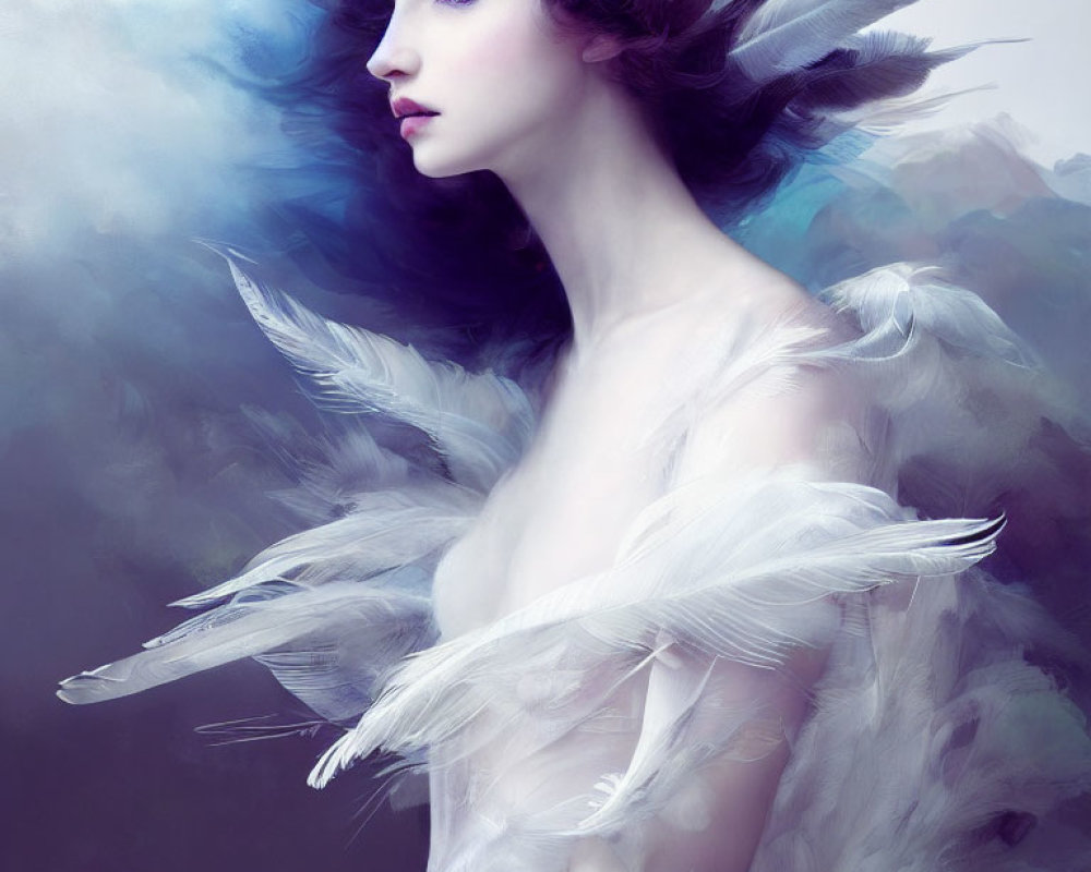 Surreal portrait of woman with pale skin and feathers on blue and violet backdrop