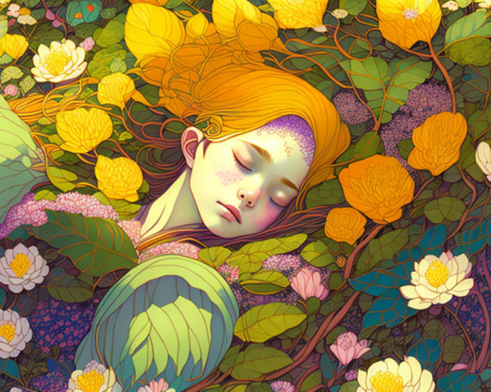 Peaceful illustration of young person with orange hair asleep in nature