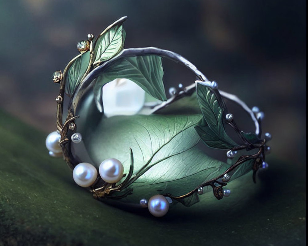 Fantasy-Inspired Vine Bracelet with Pearls and Leaves on Green Leaf