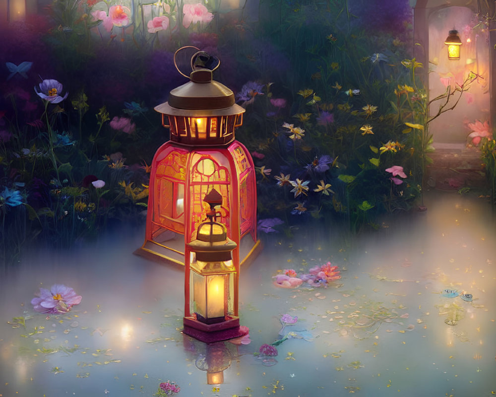 Mystical garden with illuminated red lanterns and glowing flowers