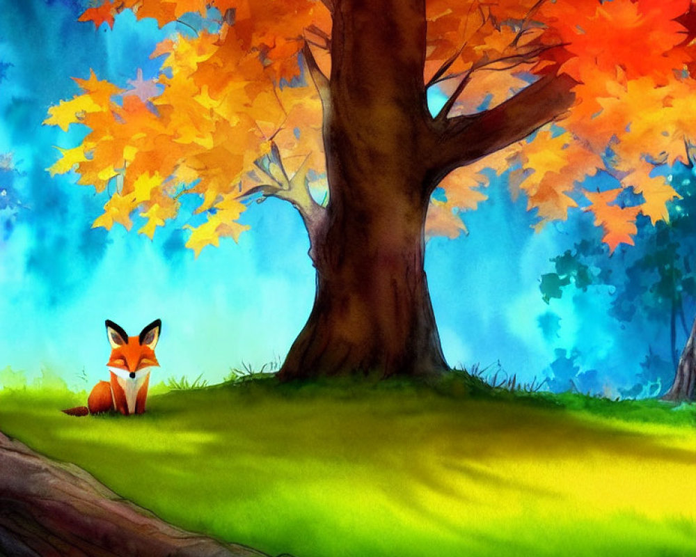 Colorful Illustration: Cute fox under vibrant tree in lush forest