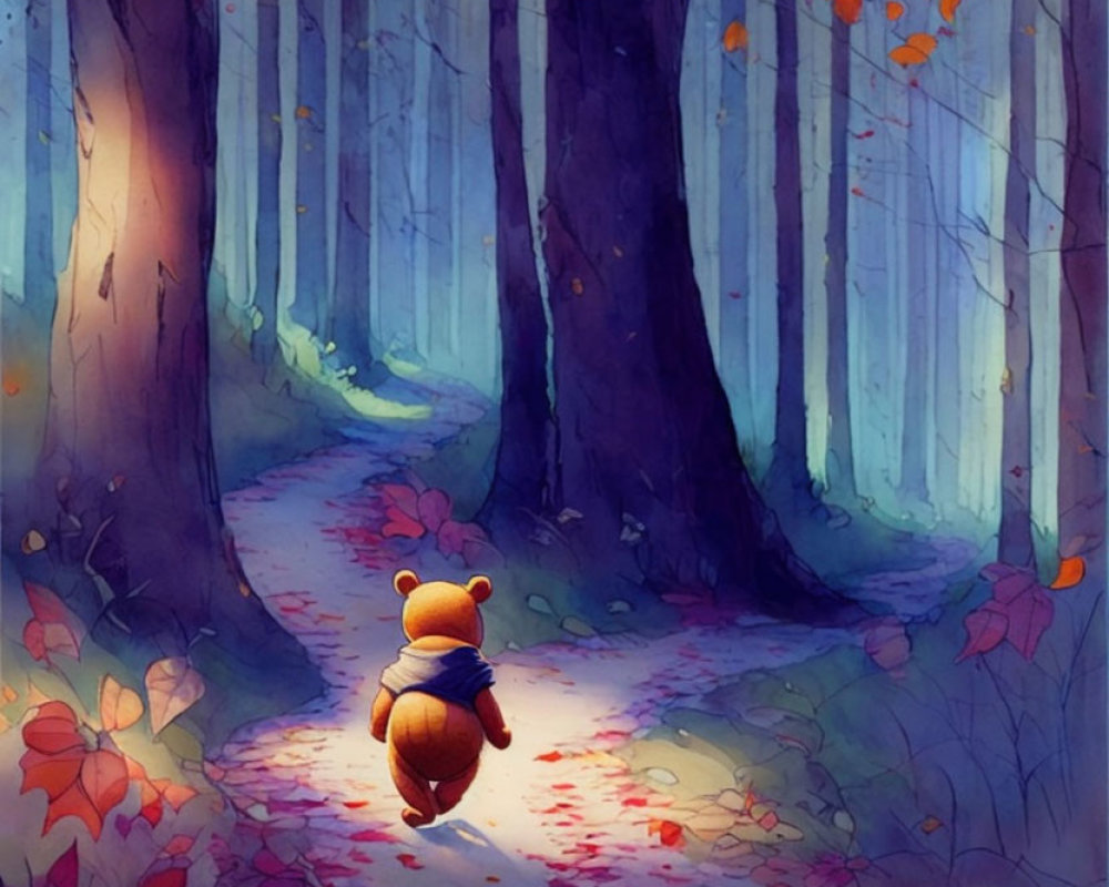 Illustrated bear walking in colorful enchanted forest