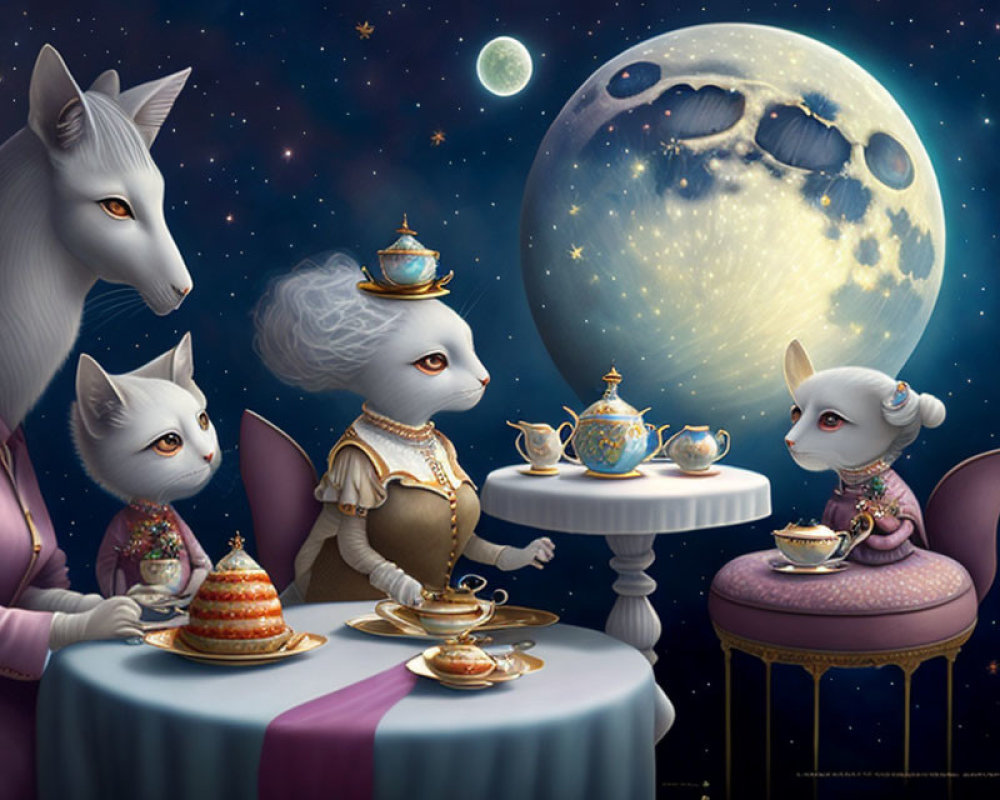 Elegant anthropomorphic foxes enjoying tea under starry sky