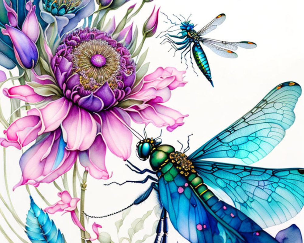 Detailed Illustration of Vibrant Flowers and Dragonflies