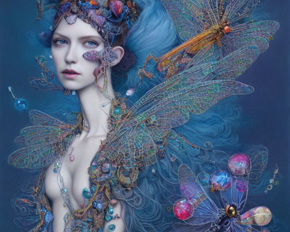 Elaborate dragonfly-winged female figure with sea-themed ornaments in moody setting