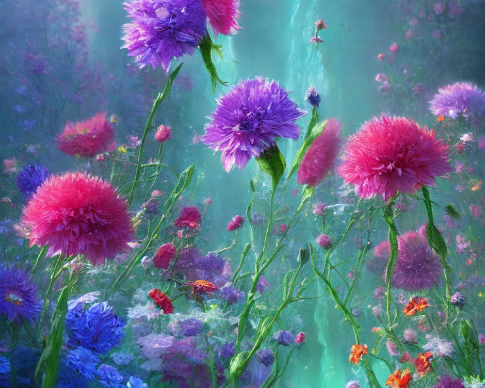 Lush Garden Scene: Tall Purple and Pink Flowers in Soft Luminescent Light