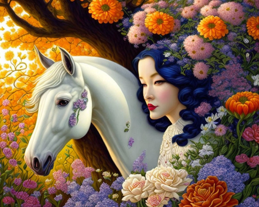 Illustration of woman with blue hair & white horse in vibrant flower setting