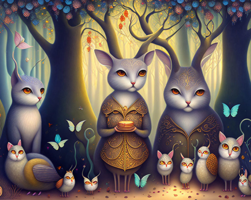 Anthropomorphic rabbits in mystical forest with creatures and luminous flora