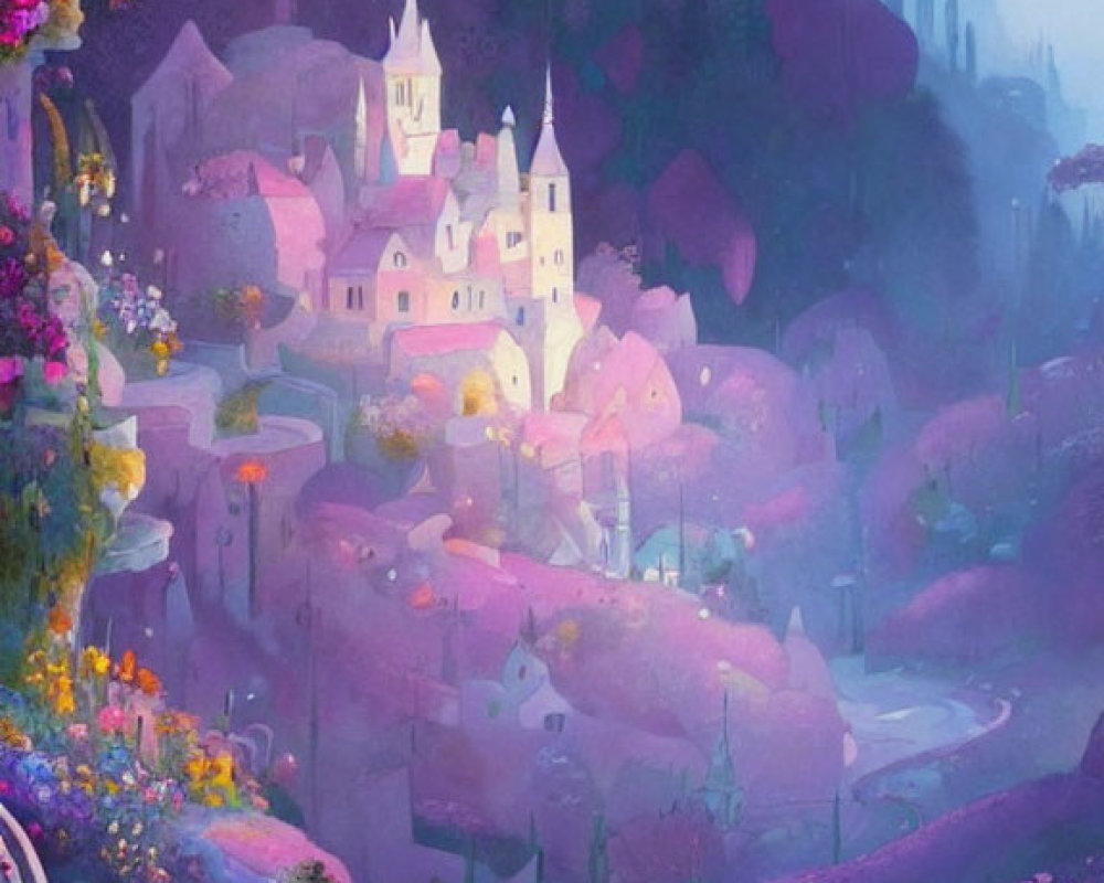 Pastel-colored fantasy landscape with castle and lush flora in soft glow