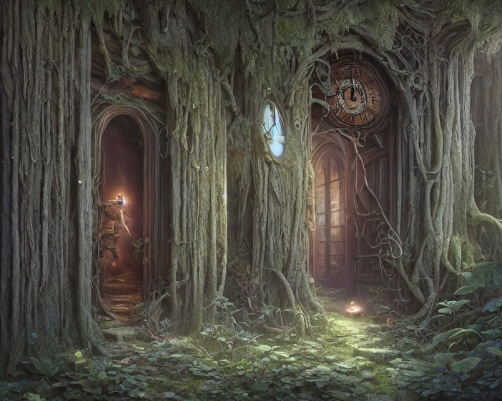 Ethereal forest scene with mystical doors, clocks, warm light