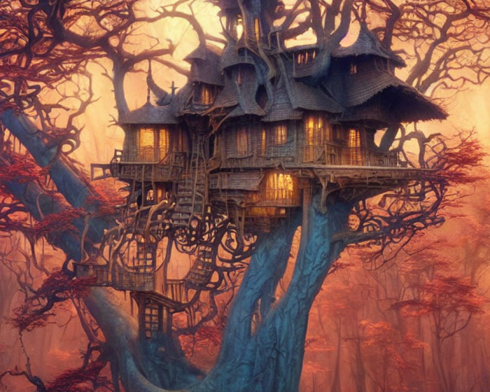 Intricate multi-level treehouse in misty autumn forest