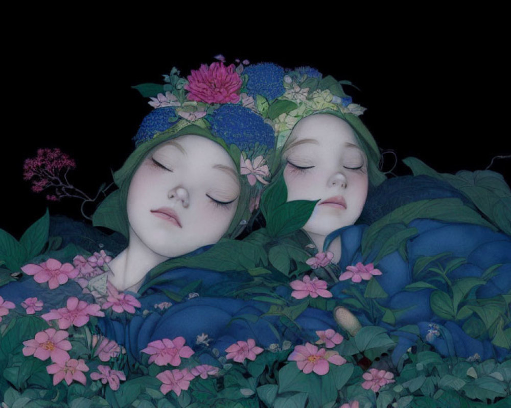 Illustration of serene individuals with closed eyes and floral headpieces in lush botanical setting