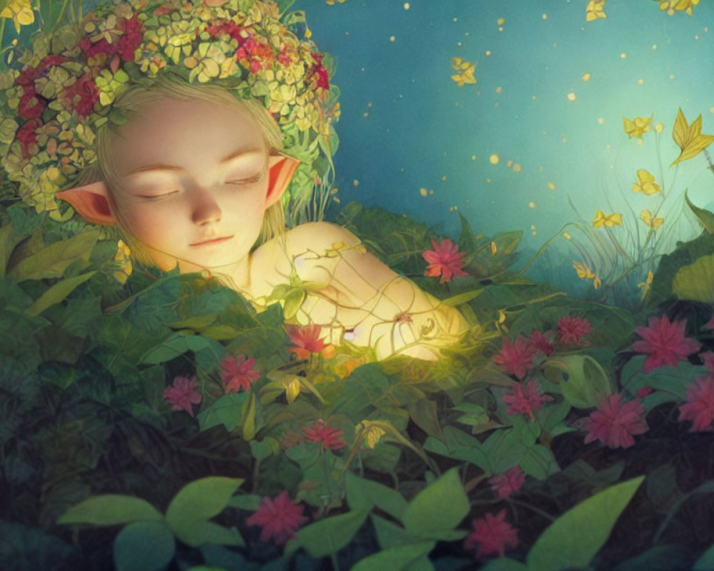 Tranquil fantasy illustration of sleeping elf in nature