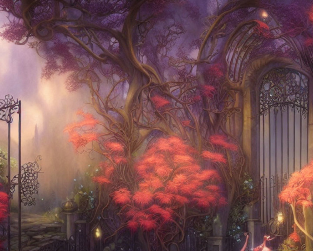 Mystical forest with vibrant pink foliage under a purple twilight sky