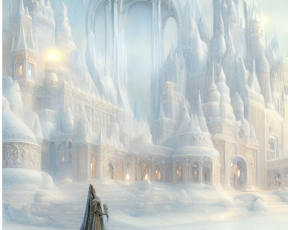 Majestic fantasy castle in ethereal light with cloaked figure