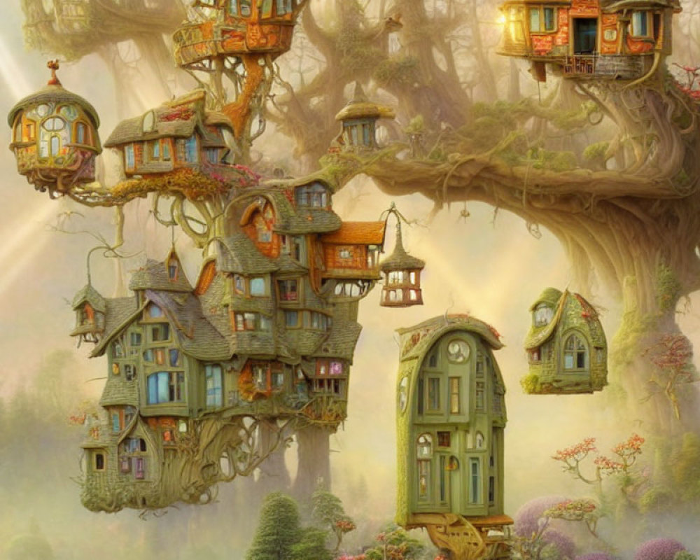 Whimsical tree houses in misty forest setting