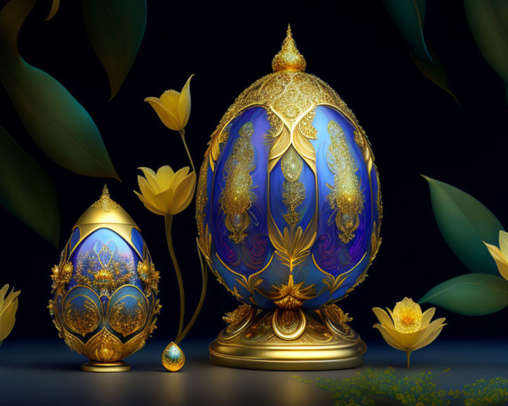 Intricate Fabergé Egg with Gold Detailing and Decorative Eggs on Dark Background