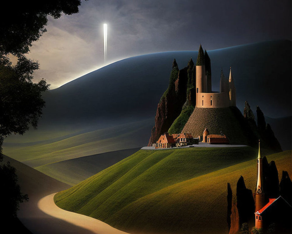 Castle on Hill Illuminated by Single Beam in Dark Sky