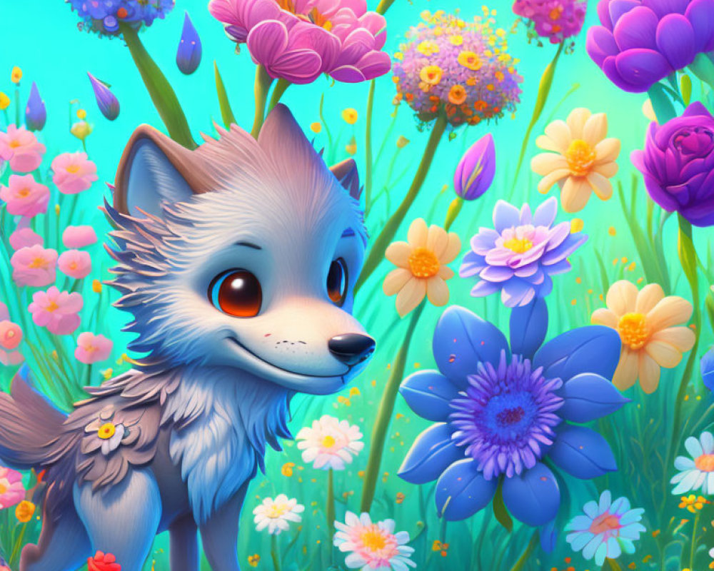 Blue-gray animated fox surrounded by vibrant flowers