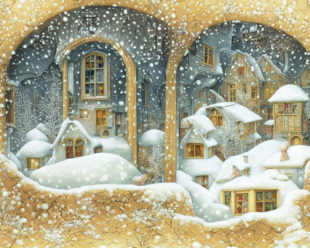 Snowy Winter Village Through Arched Windows