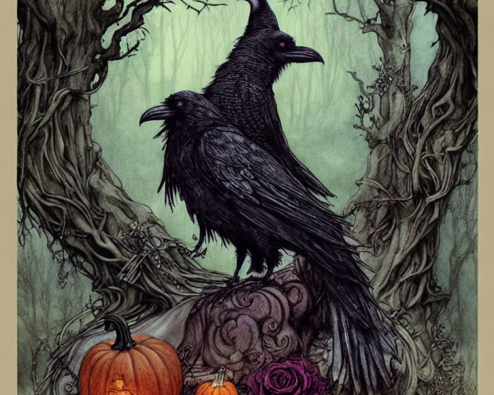 Dark Halloween scene with ravens, pumpkin, gourds, rose, and candles