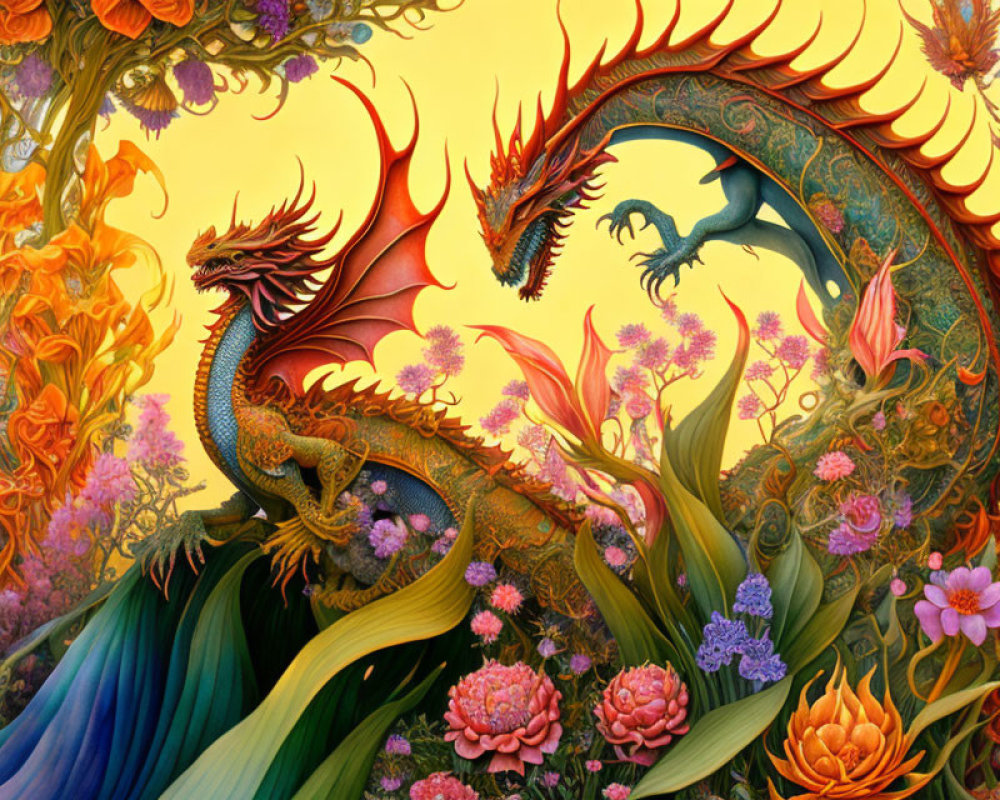 Illustration of red and blue dragons in fantastical garden