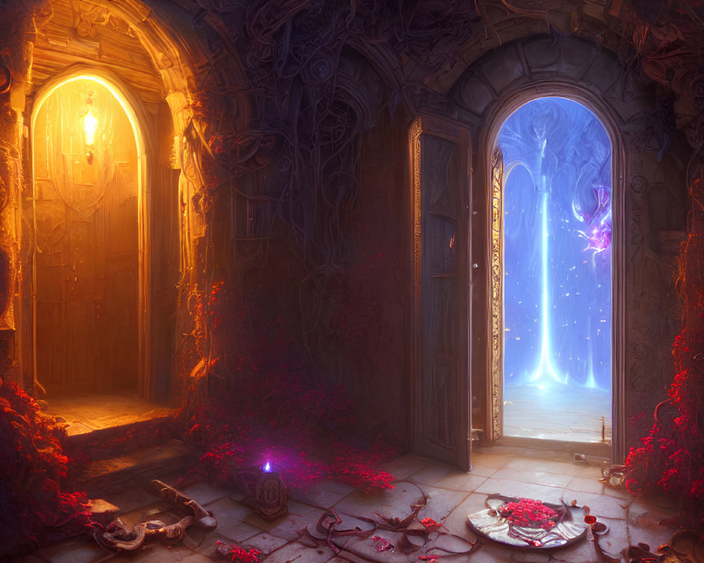 Mystical room with ornate glowing and magical doors, vines, and red petals scattered.