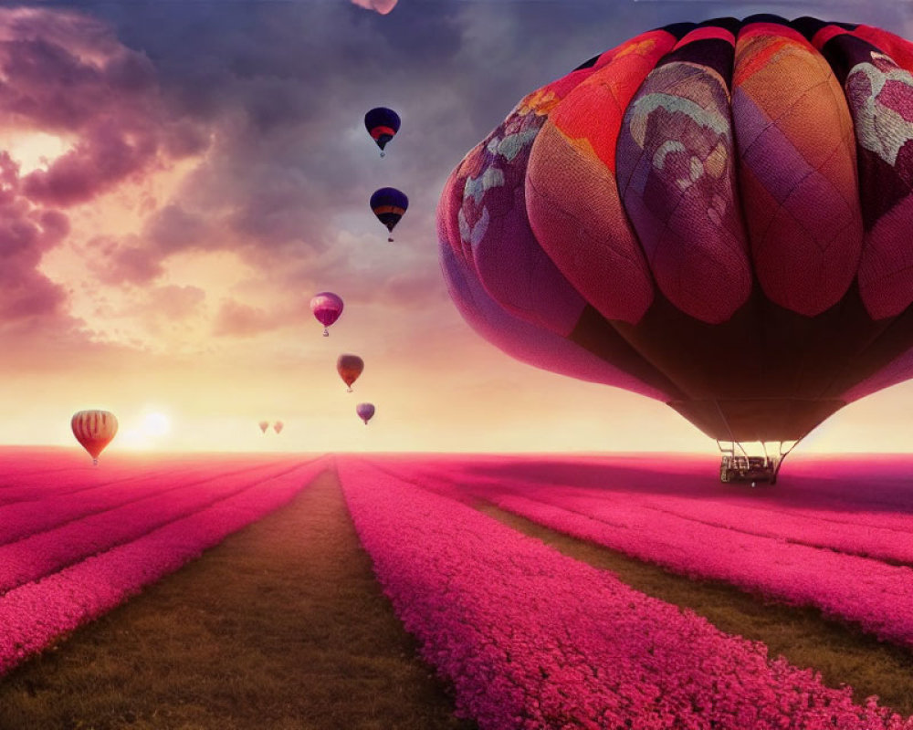 Vibrant hot air balloons over pink tulip field at sunset