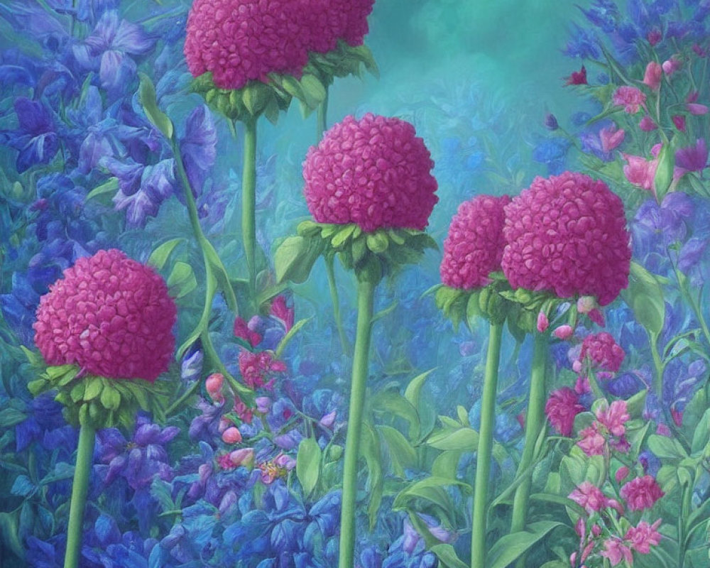 Vibrant magenta spherical flowers in lush garden scene