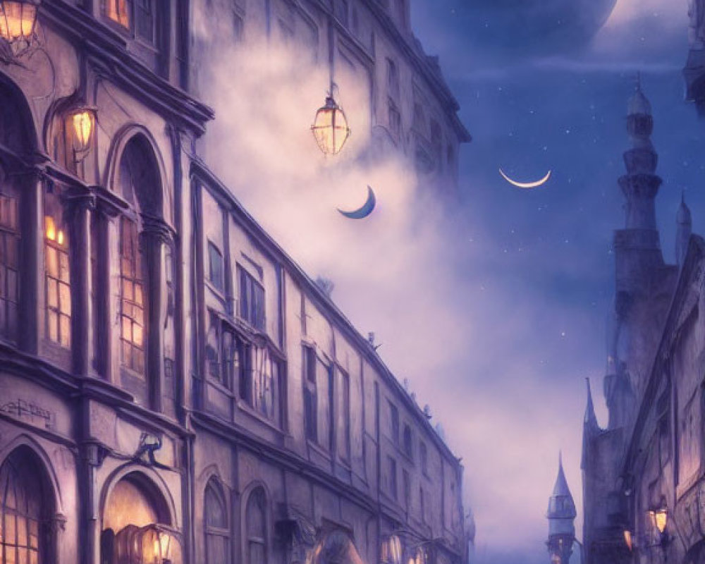 Foggy Twilight Street Scene with Crescent Moon and Vintage Lamps