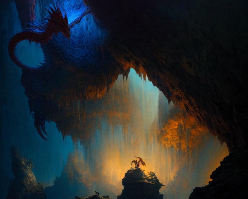 Majestic red dragon on cavern with blue light and silhouetted figure