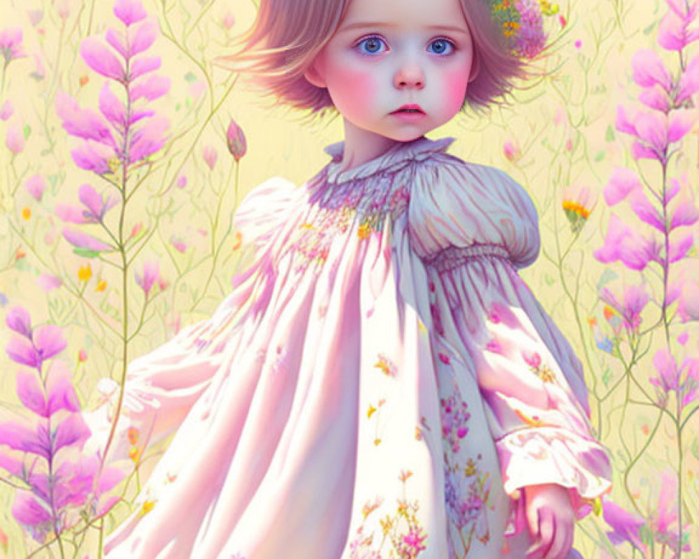 Digital illustration of young child in flower crown and pink dress surrounded by tall purple flowers on soft yellow backdrop