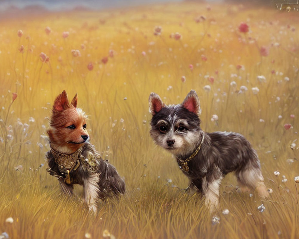 Fluffy dogs with collars in grassy field under golden sky