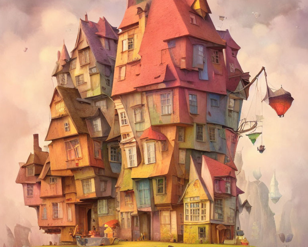 Colorful Crooked Houses Stacked in Dreamy Landscape